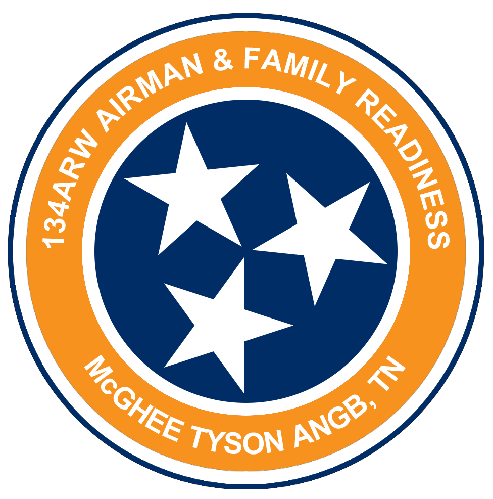 Orange and blue circle with three white stars and the text '134 ARW Airman and Family Readiness McGhee Tyson ANGB, TN'